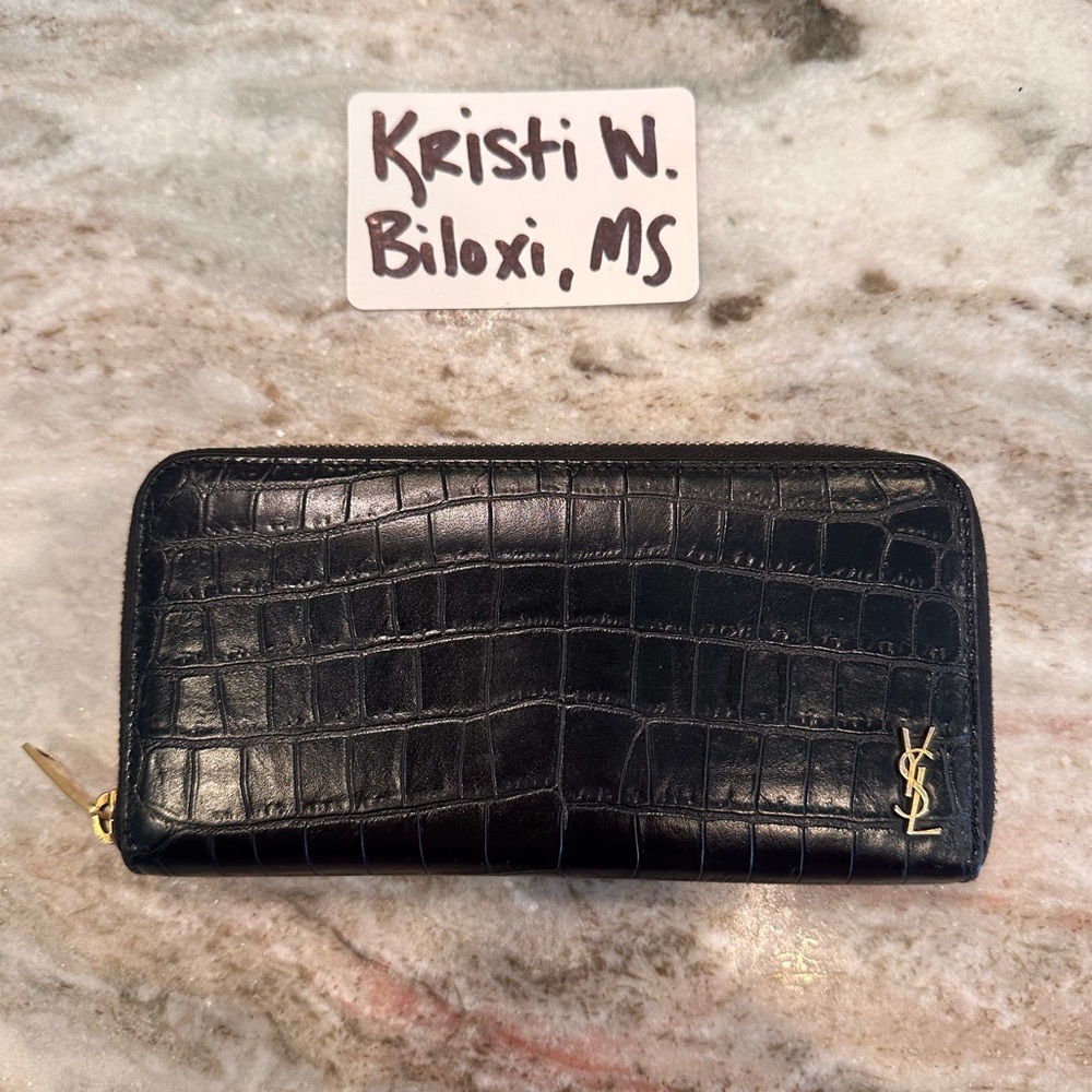 YSL Black croc Zippy Long Wallet